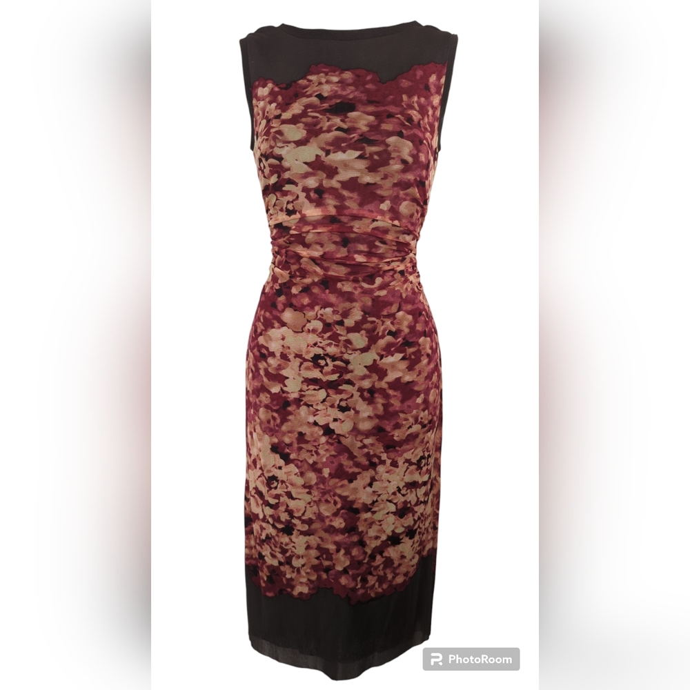 Kay Unger NY ruched watercolor flower floral dress nylon stretch brown XS